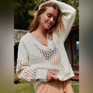 Anthropologie Maeve Cream Cable Knit Sweater Boho Cottagecore Grannycore